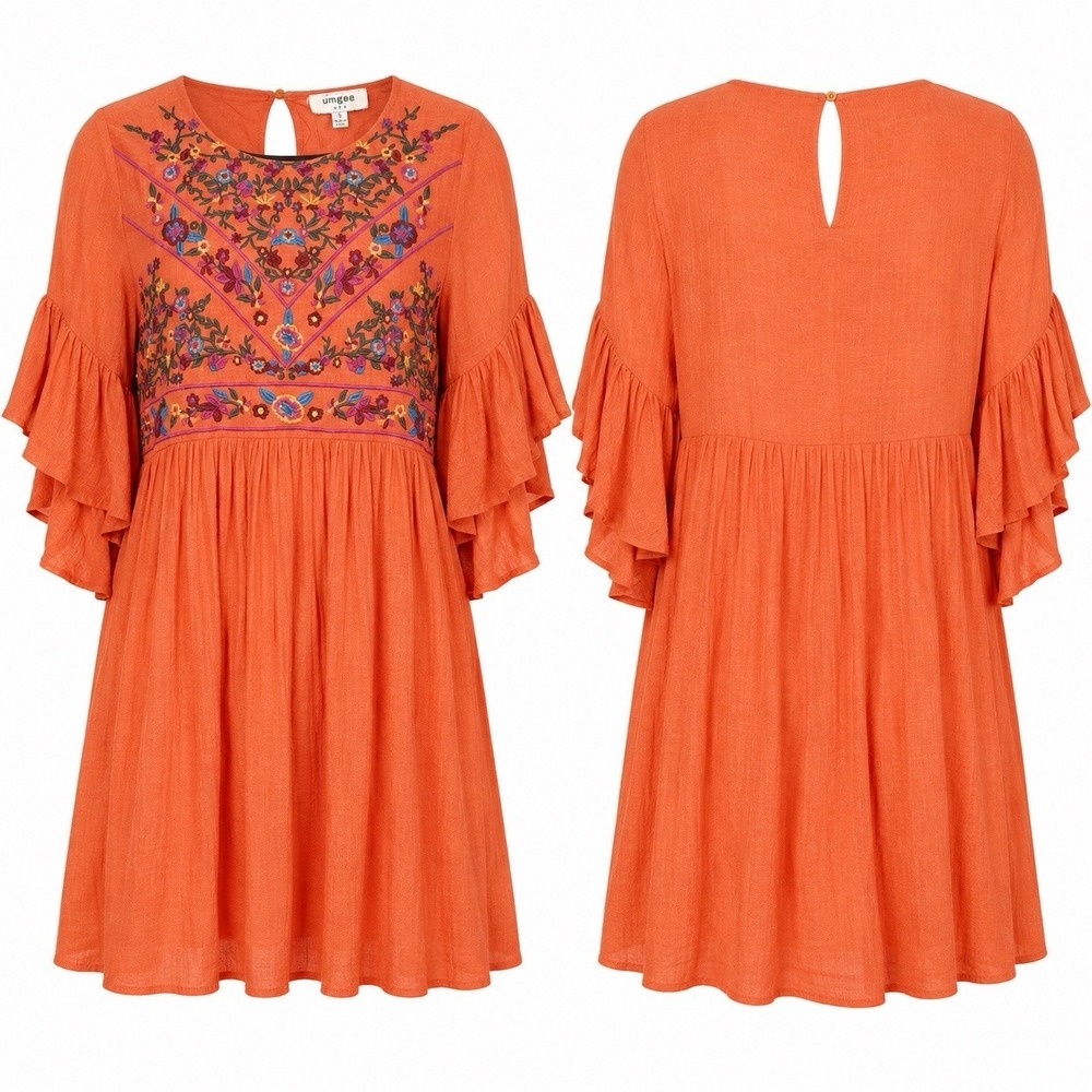Umgee Embroidered Boho Babydoll Dress Sz S Gauzy Beachy Burnt Orange